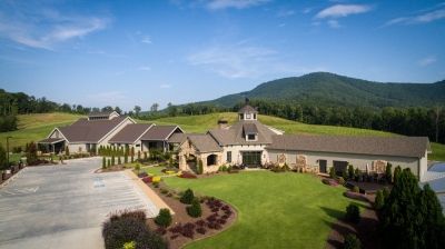 Yonah Mountain Vineyard with the driveway leading up to the main buildings and the lush green landscape surrounding them